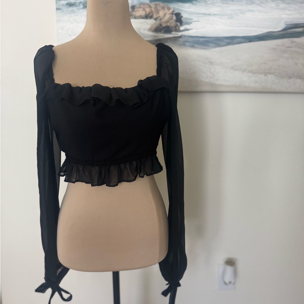 Privacy Please Black Fitted Long Sleeve Tie Front Blouse S